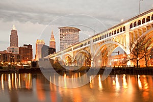 Detroit Superior Bridge over Cuyahoga River and downtown skyline of Cleveland