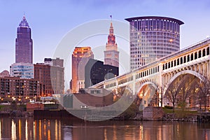 Detroit Superior Bridge over Cuyahoga River and downtown skyline in Cleveland