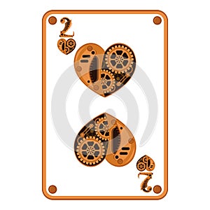 Deuce of hearts in the style of mechanical steampunk. Vector illustration