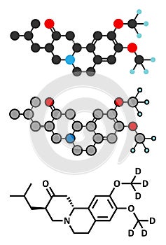 Deutetrabenazine Huntington disease drug molecule. Stylized 2D renderings and conventional skeletal formula.
