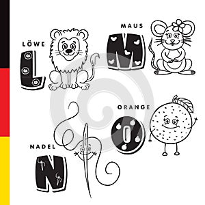 Deutsch alphabet. Lion, mouse, stylus, orange. Vector letters and characters