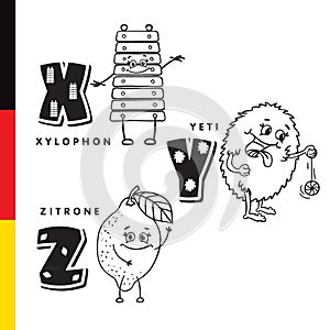 Deutsch alphabet. Xylophone, Yeti, lemon. Vector letters and characters.