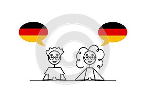 deutsch speakers, cartoon boy and girl with speech bubbles in German flag colors, learning german language vector