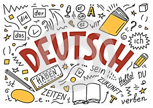 Deutsch. Translation: `German`. German language hand drawn doodles and lettering.