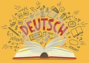 Deutsch. Translation: `German`. German language hand drawn doodles and lettering.