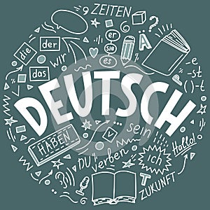 Deutsch. Translation: `German`. German language hand drawn doodles and lettering. photo