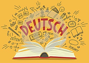 Deutsch. Translation: `German`. German language hand drawn doodles and lettering. photo