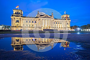 Deutscher Bundestag at night in Berlin city, Germany