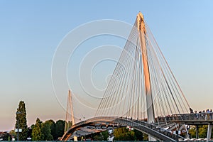 The Deux-Rives footbridge between Germany and France in Kehl and Strasbourg, a symbol of cross-border cooperation at sunset