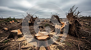Devastated Forest Landscape After Deforestation and Logging Operations