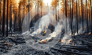 Devastated forest landscape showing aftermath of wildfire destruction and environmental impact