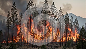 Devastating wildfire consuming forest trees engulfed in flames and smoke billowing