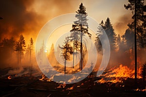 Devastating wildfire ravaging dense forest, environmental havoc and ecological threat