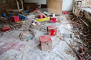 Devastation in abandoned kindergarten, dead ghost town of Pripyat, Chernobyl exclusion zone, Ukraine