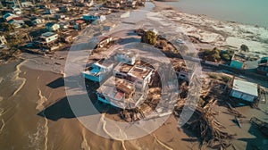 Devastation After Catastrophic Coastal Flood. Submerged Cityscape, Damaged Buildings, and Muddy Waters - Aerial View