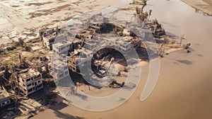 Devastation After Catastrophic Coastal Flood. Submerged Cityscape, Damaged Buildings, and Muddy Waters - Aerial View