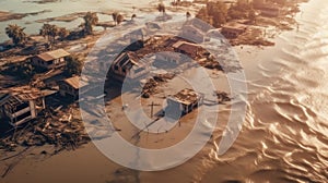 Devastation After Catastrophic Coastal Flood. Submerged Cityscape, Damaged Buildings, and Muddy Waters - Aerial View