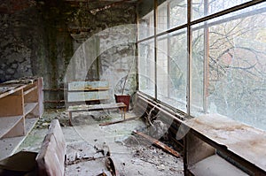 Devastation in hall of hospital No. 126, abandoned ghost town Pripyat in Chernobyl Exclusion Zone, Ukraine