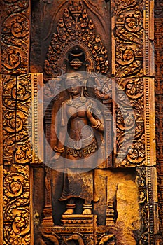 Devata carving, Banteay Srei temple, Angkor, Cambodia.