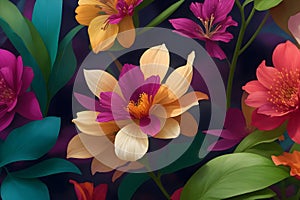 Develop a collection of AI-generated floral designs set against a rich and colorful backdrop