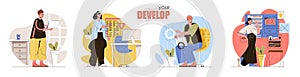 Develop concept scenes set. Developers coding, programs development, testing software, optimization applications. Collection of