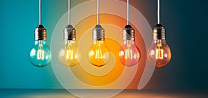 Develop creativity and new ideas with Team Brainstorming concept with light bulbs. Horizontal format for banners, posters,