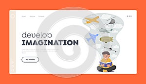 Develop Imagination Landing Page Template. School Boy Student Learn Aircraft History from Book. Back to School