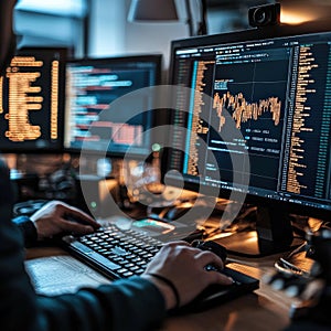 Developer coding and analyzing data on multiple monitors