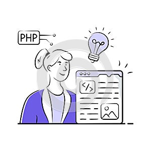 Developer coding creatively with PHP and lightbulb innovation concepts.