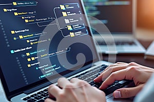 Developer Coding on Laptop with Complex Algorithm Visualization for Software Engineering and Data Analysis in Modern Workspace