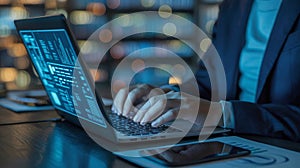 Developer coding on laptop computer software development cybersecurity data analysis programming technology concept
