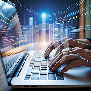 Developer Coding on Laptop with Futuristic City & Data Overlay - AI, IT, Software Development