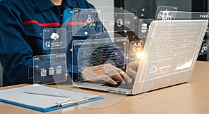 Developer Coding on Laptop with Futuristic Holographic Interface