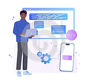 Developer coding mobile app interface. Vector illustration