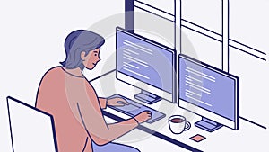 Developer coding on multiple monitors vector illustration, vector design Generative AI