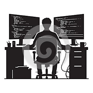 Developer Coding Silhouette Vector Programmer Working on Computer