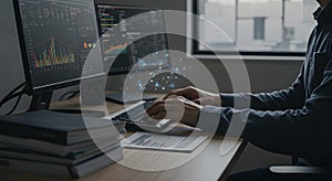 Modern Workplace: Developer Coding with Dual Monitors Displaying Data Visualization