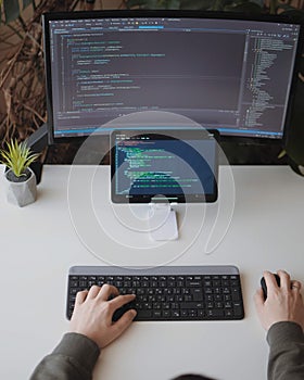 Developer is coding using screen and tablet. Freelancer is working from home