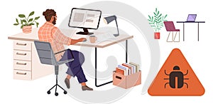 Developer Debugging Software Issue at Desk with Bug Warning Sign