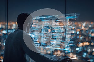 Software developer working at night with advanced technology in a city skyline