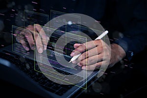 Developer hand programming code. Programmer working laptop coding software. Virtual screen data analysis technology futuristic. AI