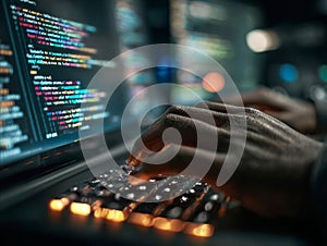 Developer hands typing code on backlit keyboard at night