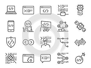 Developer icon set. Included the icons as code, programmer coding, mobile app, api, node connect, flow, logic, web coder, bug fix photo