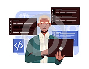 Developer with laptop and code blocks. Vector illustration