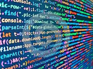Developer occupation work photo. Coding, programming, hacking concept. Binary code digital technology background. Developer