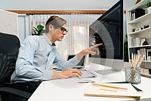 IT developer pointing on coding software on pc comparing laptop. Pecuniary.