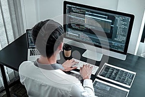 Developer programmer working on coding program software computer in office, Writing website and development database technology