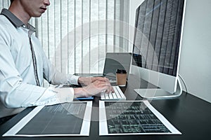 Developer programmer working on coding program software computer in office, Writing website and development database technology