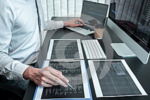 Developer programmer working on coding program software computer in office, Writing website and development database technology