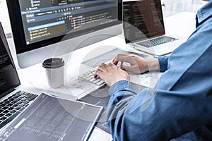 Developer programmer working on project in software development computer in IT company office, Writing codes and data code website